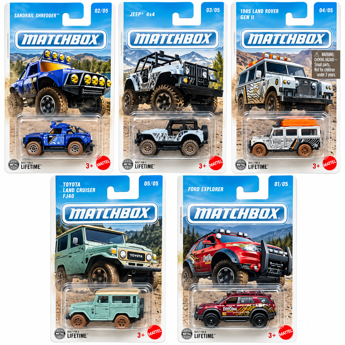 Matchbox 5 Car Collection Set GGF12 | Die-Cast Metal Toy Cars with Sandrail Shredder, Jeep 4x4, Land Rover, Toyota Land Cruiser & Ford Explorer