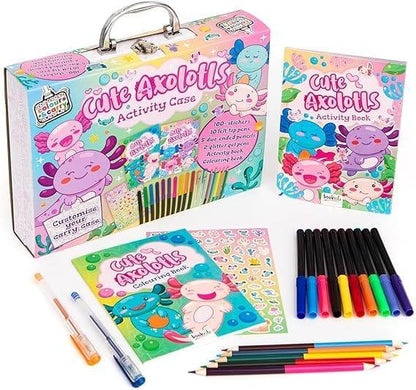 Cute Axolotl Activity Case – Ultimate Colour & Carry Set with 100+ Stickers, 10 Felt-Tip Pens, 5 Duo-Ended Pencils, 2 Glitter Gel Pens, Activity Book & Colouring Book! - Jaiman Toys
