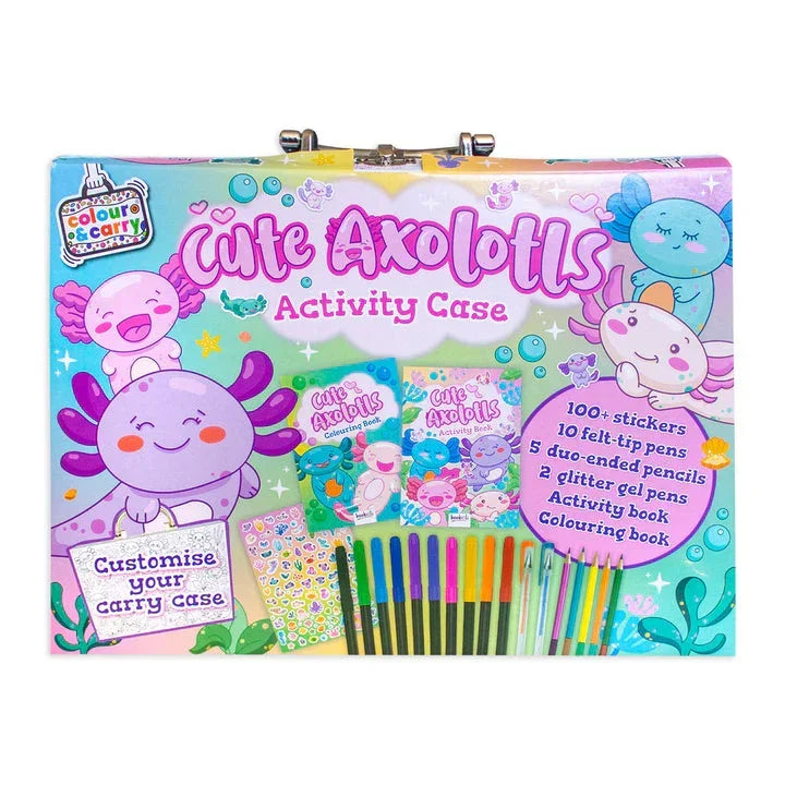 Cute Axolotl Activity Case – Ultimate Colour & Carry Set with 100+ Stickers, 10 Felt-Tip Pens, 5 Duo-Ended Pencils, 2 Glitter Gel Pens, Activity Book & Colouring Book! - Jaiman Toys