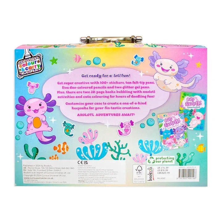 Cute Axolotl Activity Case – Ultimate Colour & Carry Set with 100+ Stickers, 10 Felt-Tip Pens, 5 Duo-Ended Pencils, 2 Glitter Gel Pens, Activity Book & Colouring Book! - Jaiman Toys
