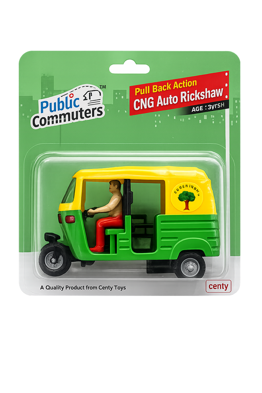 Centy Public Commuters CNG Auto Rickshaw Pull Back Toy with Open Side Entry | Friction Powered | Green & Yellow | Ages 3+
