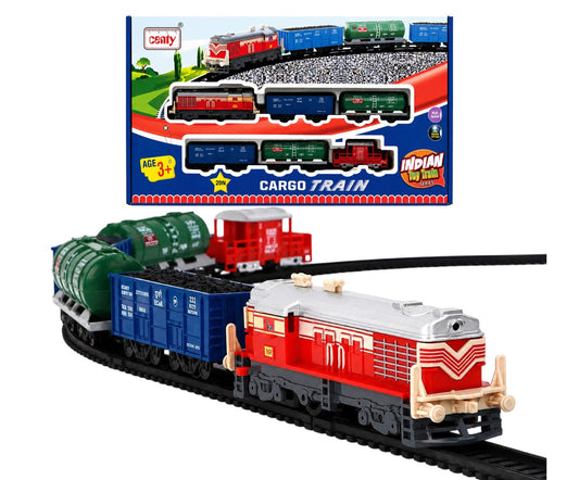 Centy Indian Cargo Train Toy Set with Track – Battery Operated Engine with Cargo Wagons, Tankers & Caboose | Light & Sound | Age 3+