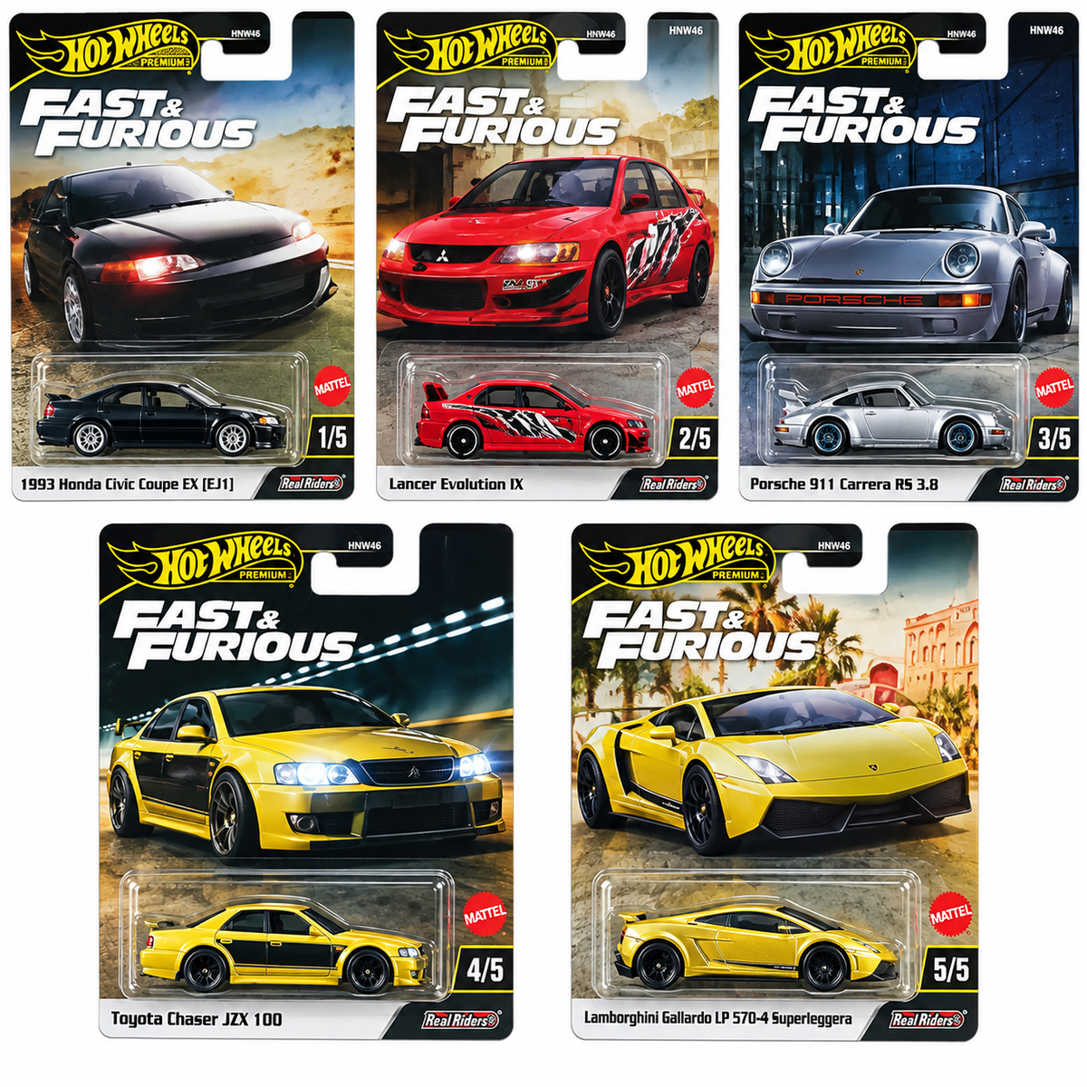 Hot Wheels Premium Fast & Furious 5 Car Set HNW46-956M | Die-Cast Collectible Cars with Real Riders | Honda Civic, Lancer Evolution, Porsche, Toyota Chaser & Lamborghini