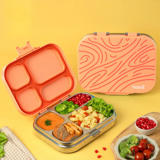Bento Quad Coral Swirl - 4 Compartment Stainless Steel Lunchbox with Plastic Lid