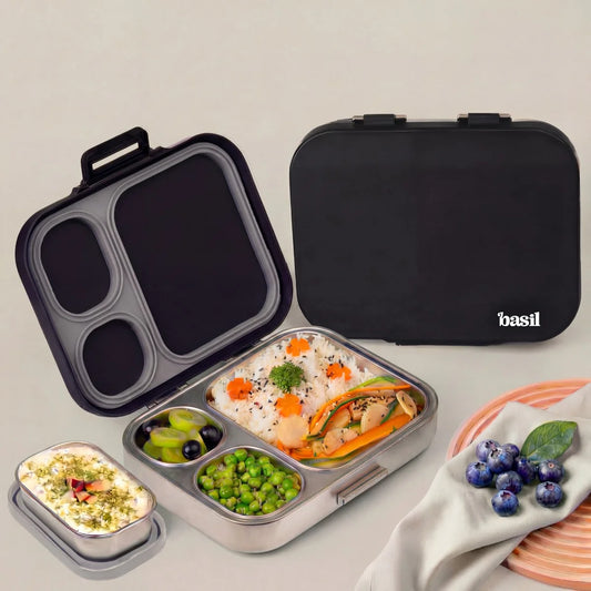 Bento Quad+ Classic Black - 3+1 Compartment Stainless Steel Lunchbox with Mini Box