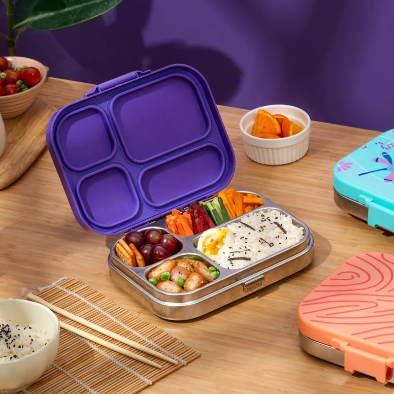 Bento Quad Purple Top- 4 Compartment Stainless Steel Lunchbox with Plastic Lid - Purple Pop