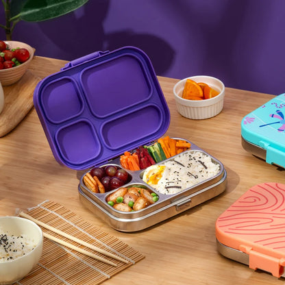 Bento Quad Purple Top- 4 Compartment Stainless Steel Lunchbox with Plastic Lid - Purple Pop