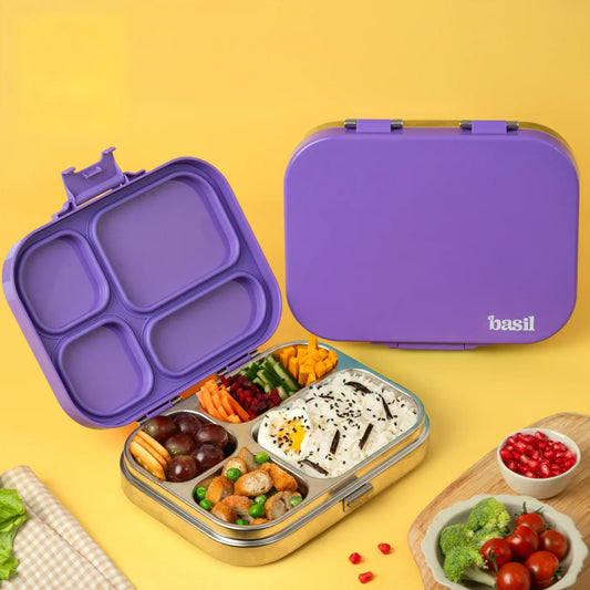 Bento Quad Purple Top- 4 Compartment Stainless Steel Lunchbox with Plastic Lid - Purple Pop