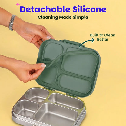 Bento Quad - 4 Compartment Stainless Steel Lunchbox with Plastic Lid - Wild Wood