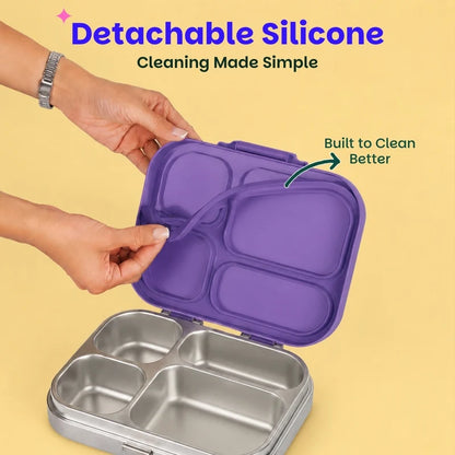 Bento Quad Purple Top- 4 Compartment Stainless Steel Lunchbox with Plastic Lid - Purple Pop