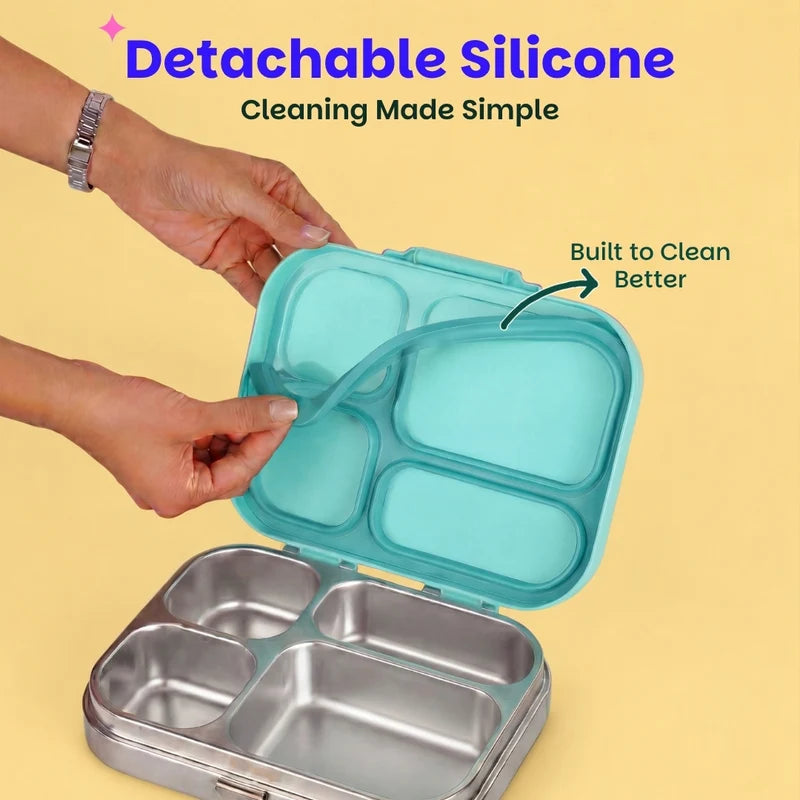 Bento Quad Teal Garden - 4 Compartment Stainless Steel Lunchbox with Plastic Lid