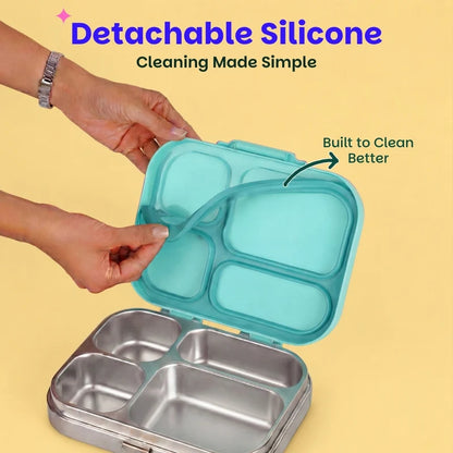 Bento Quad Teal Garden - 4 Compartment Stainless Steel Lunchbox with Plastic Lid