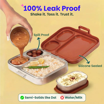 Bento Quad+ - 3+1 Compartment Stainless Steel Lunchbox with Mini Box - Desi Mitti