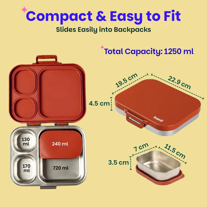 Bento Quad+ - 3+1 Compartment Stainless Steel Lunchbox with Mini Box - Desi Mitti