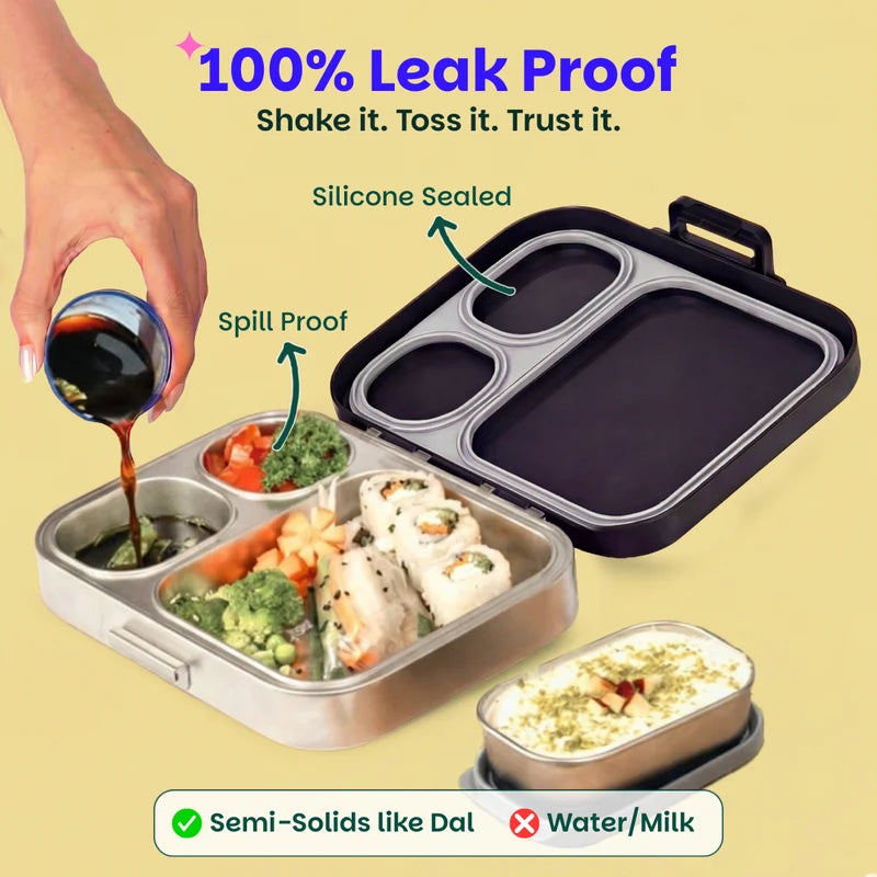 Bento Quad+ Classic Black - 3+1 Compartment Stainless Steel Lunchbox with Mini Box