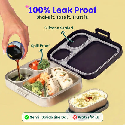 Bento Quad+ Classic Black - 3+1 Compartment Stainless Steel Lunchbox with Mini Box