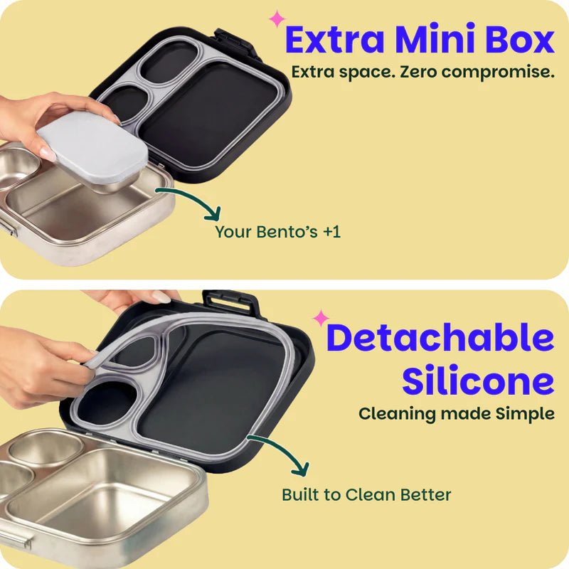 Bento Quad+ Classic Black - 3+1 Compartment Stainless Steel Lunchbox with Mini Box