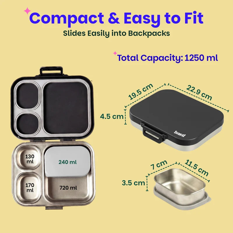 Bento Quad+ Classic Black - 3+1 Compartment Stainless Steel Lunchbox with Mini Box