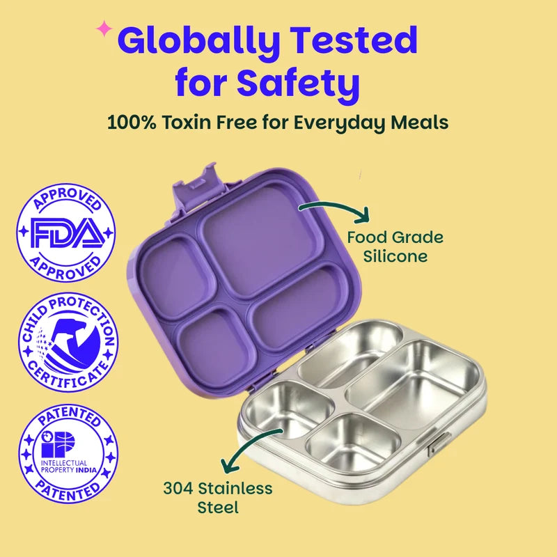 Bento Quad Purple Top- 4 Compartment Stainless Steel Lunchbox with Plastic Lid - Purple Pop
