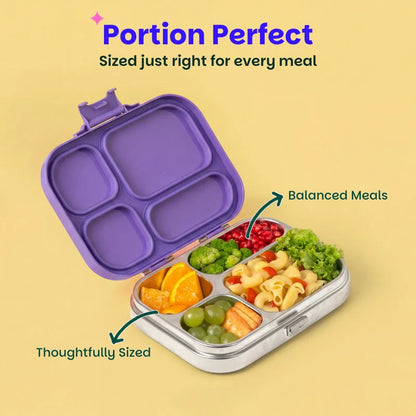 Bento Quad Purple Top- 4 Compartment Stainless Steel Lunchbox with Plastic Lid - Purple Pop