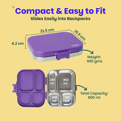 Bento Quad Purple Top- 4 Compartment Stainless Steel Lunchbox with Plastic Lid - Purple Pop
