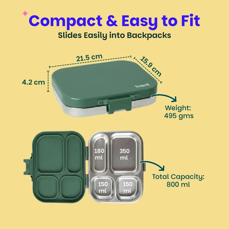 Bento Quad - 4 Compartment Stainless Steel Lunchbox with Plastic Lid - Wild Wood