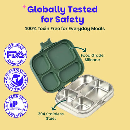 Bento Quad Emerald Moss - 4 Compartment Stainless Steel Lunchbox with Plastic Lid