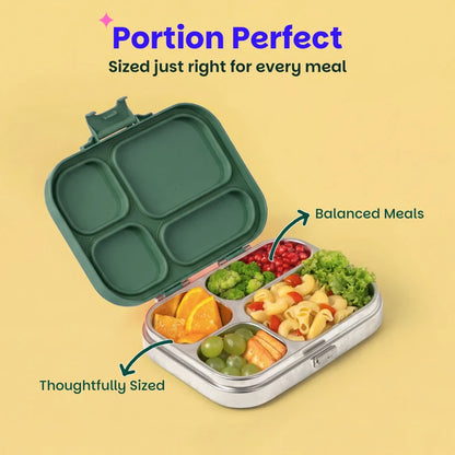 Bento Quad Emerald Moss - 4 Compartment Stainless Steel Lunchbox with Plastic Lid