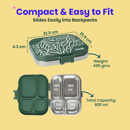Bento Quad Emerald Moss - 4 Compartment Stainless Steel Lunchbox with Plastic Lid