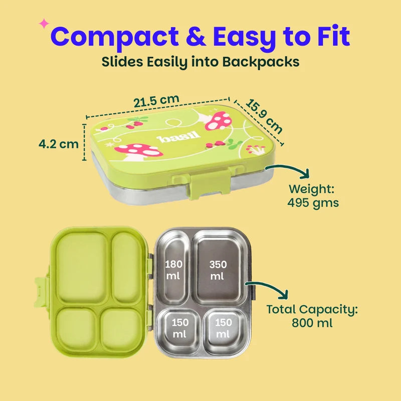 Bento Quad Mushroom Trail - 4 Compartment Stainless Steel Lunchbox with Plastic Lid