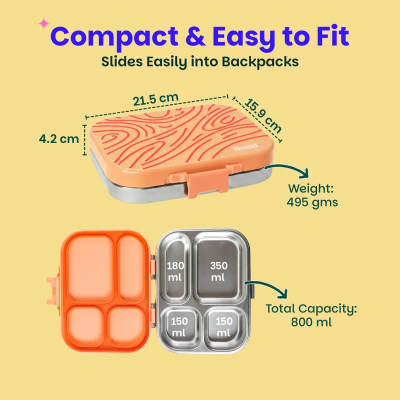 Bento Quad Coral Swirl - 4 Compartment Stainless Steel Lunchbox with Plastic Lid
