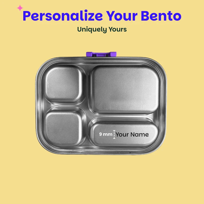 Bento Quad Purple Top- 4 Compartment Stainless Steel Lunchbox with Plastic Lid - Purple Pop