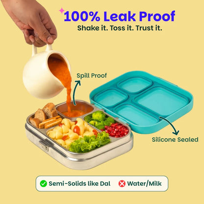 Bento Quad Teal Garden - 4 Compartment Stainless Steel Lunchbox with Plastic Lid