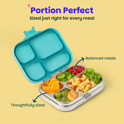 Bento Quad Teal Garden - 4 Compartment Stainless Steel Lunchbox with Plastic Lid