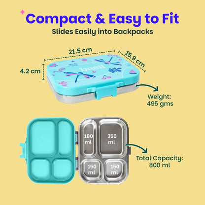 Bento Quad Teal Garden - 4 Compartment Stainless Steel Lunchbox with Plastic Lid