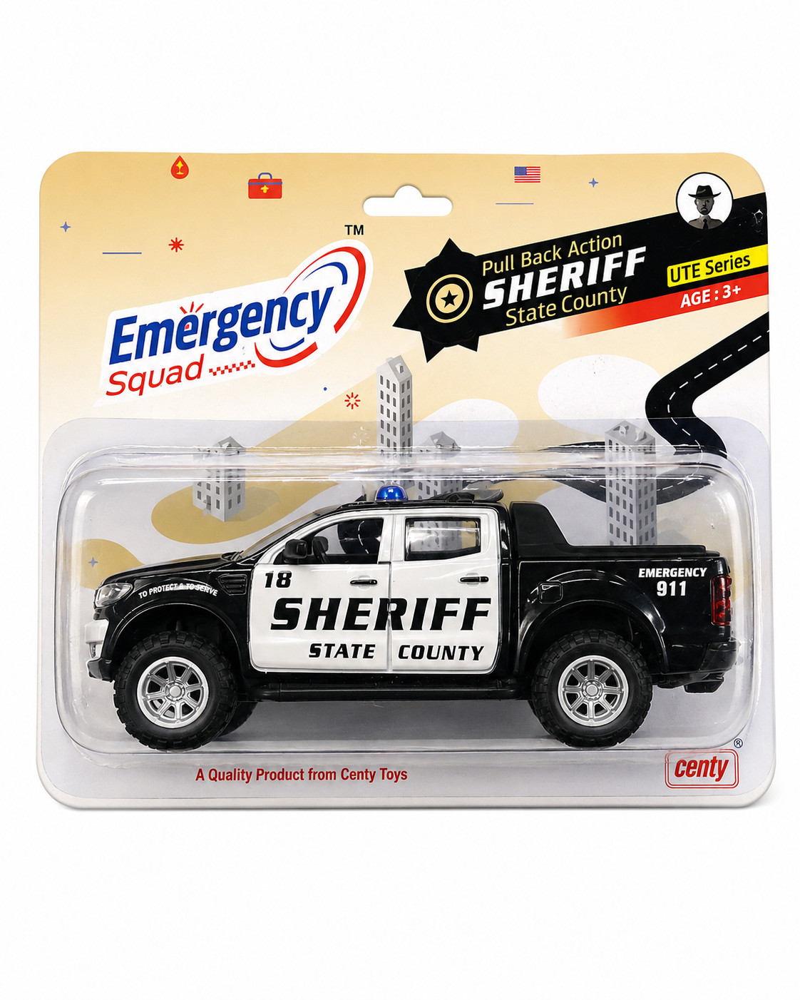 Centy Emergency Squad Sheriff Pull Back Police Pickup Truck Toy Car for Kids | Die-Cast Style Vehicle | Pull Back Action | Black & White | 3+ Years