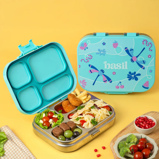 Bento Quad Teal Garden - 4 Compartment Stainless Steel Lunchbox with Plastic Lid