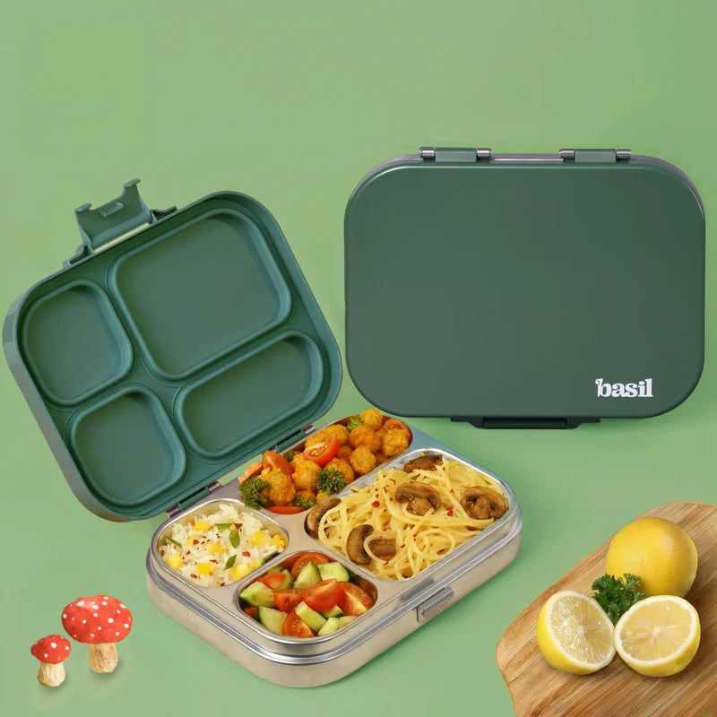 Bento Quad - 4 Compartment Stainless Steel Lunchbox with Plastic Lid - Wild Wood