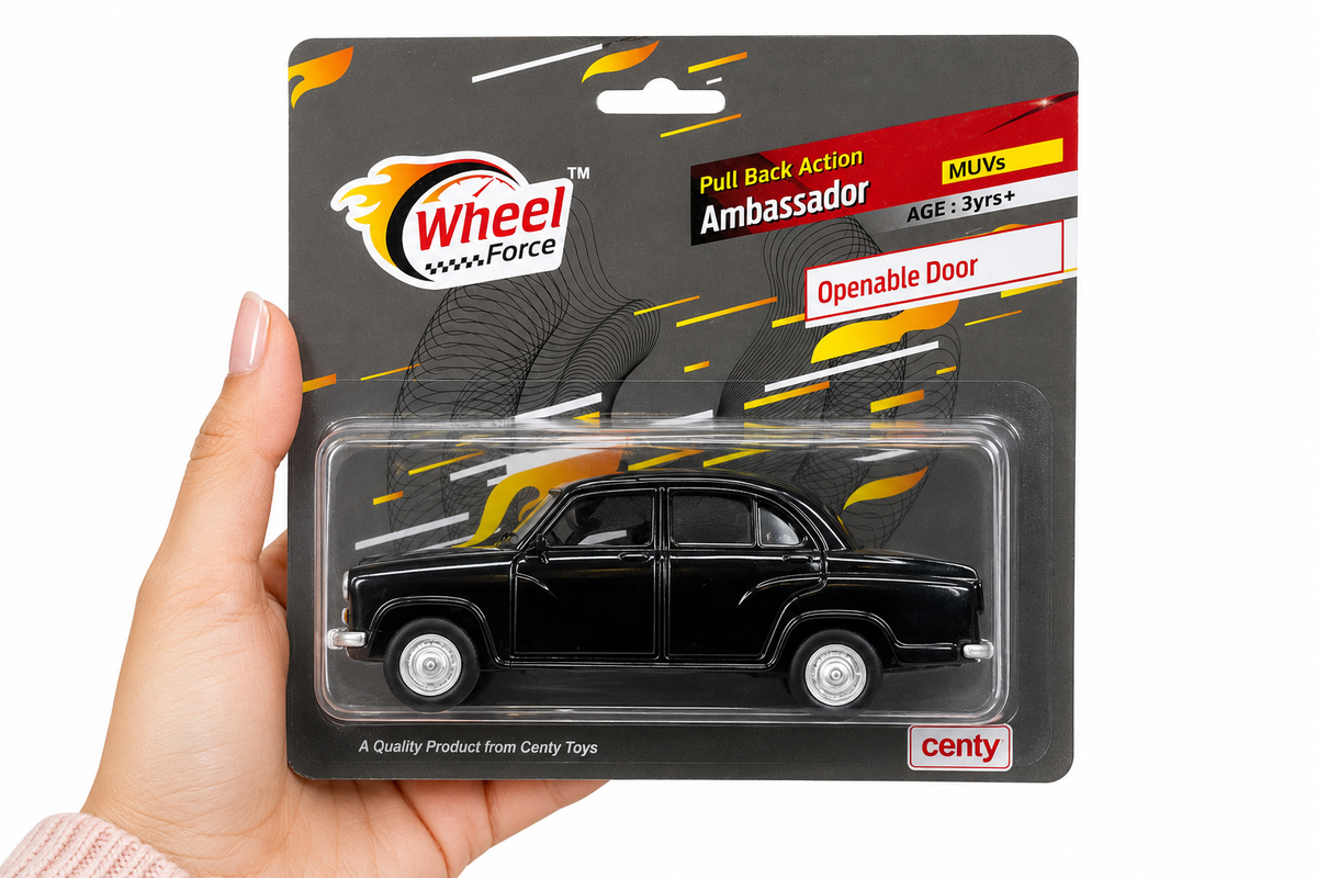 Centy Wheel Force Ambassador Pull Back Toy Car with Openable Doors | Classic Indian Sedan Model | Friction Powered | Black | Ages 3+