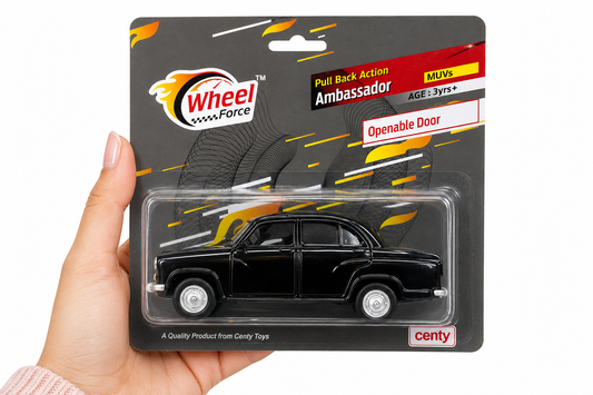 Centy Wheel Force Ambassador Pull Back Toy Car with Openable Doors | Classic Indian Sedan Model | Friction Powered | Black | Ages 3+