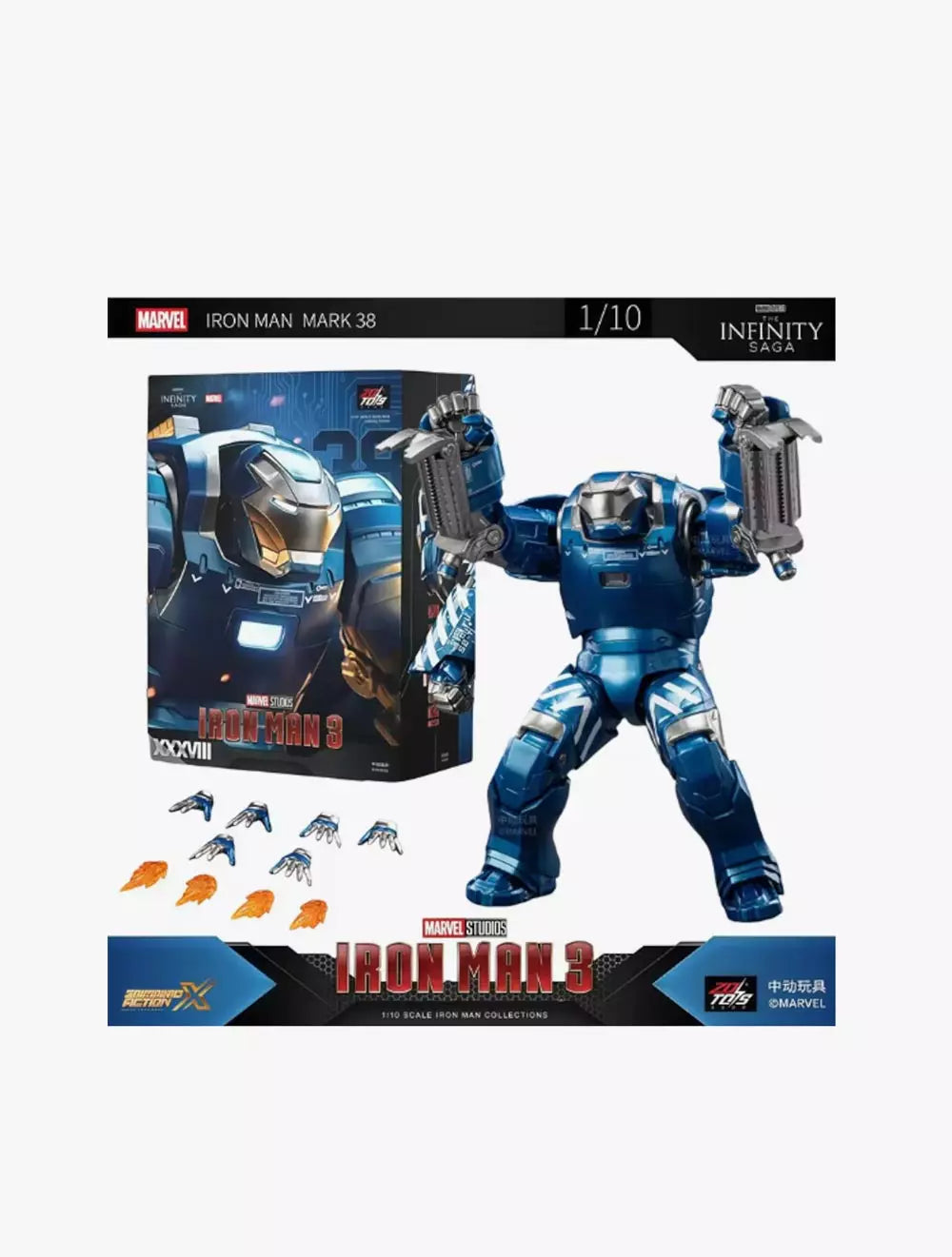 ZD Toys 1/10 Scale Iron Man Mark 38 (Igor) Action Figure with Interchangeable Hands Non Light-Up | Marvel Studios Iron Man 3 Collector Figure