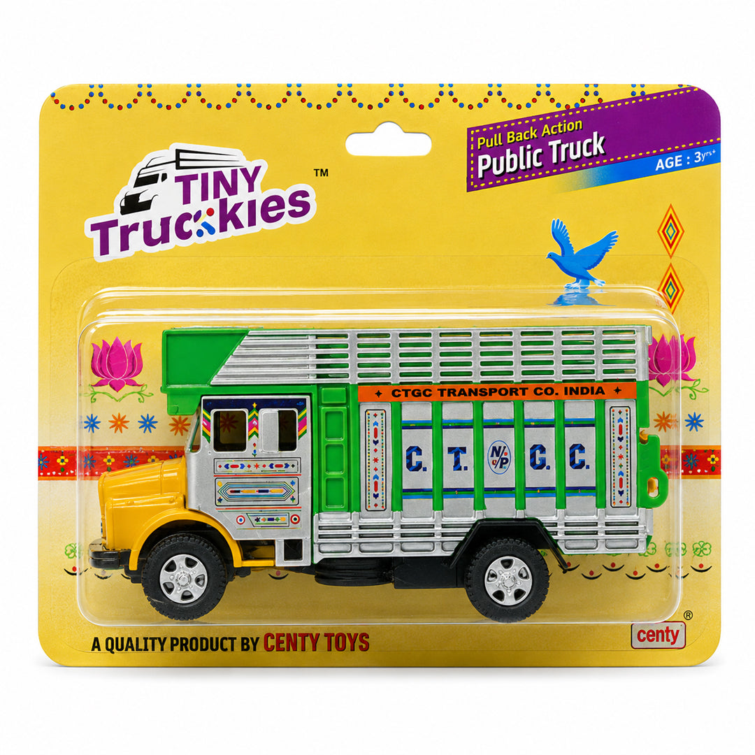 Centy Toys Tiny Truckies Public Truck Pull Back Action Green & Yellow | Opening Rear Tailgate | Plastic Toy Goods Carrier Truck | 3+ Years